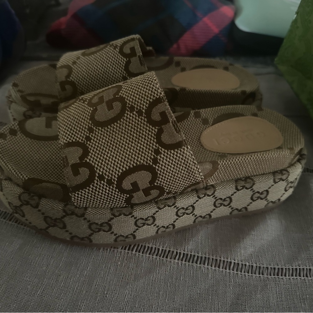 Gucci Beige Monogram Platform Slides - image 2